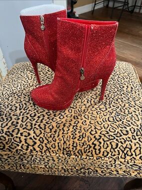 Thalia Sodi Red Glitter Stiletto Ankle Boots